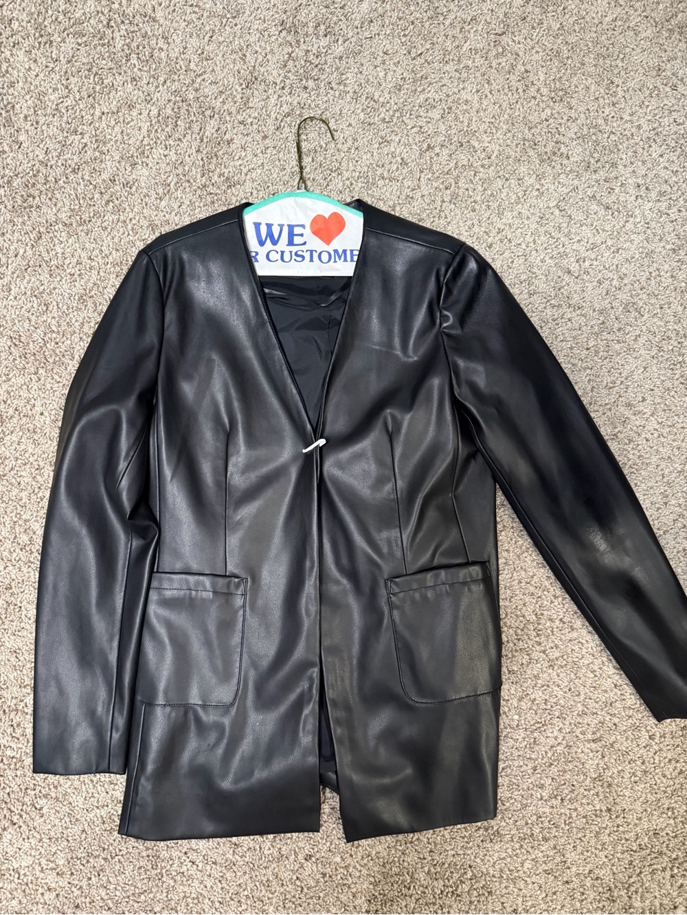 Calvin Klein Black Faux Leather V-Neck Blazer